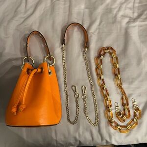 Italian Leather Orange Bucket Bag with Chain Straps